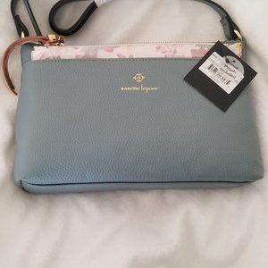 medium crossbody bag with added pouch.  Pretty muted cornflower blue.